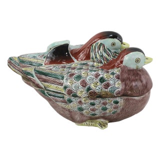 Vintage Chinese Famille Verte Porcelain Pair of Mandarin Ducks Covered Bowl For Sale