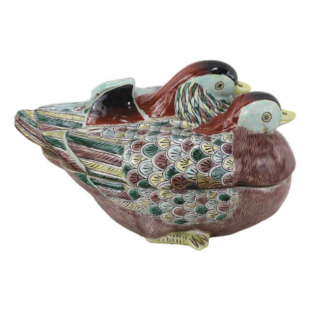 Vintage Chinese Famille Verte Porcelain Pair of Mandarin Ducks Covered Bowl For Sale