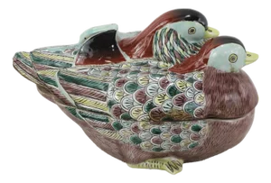Vintage Chinese Famille Verte Porcelain Pair of Mandarin Ducks Covered Bowl
