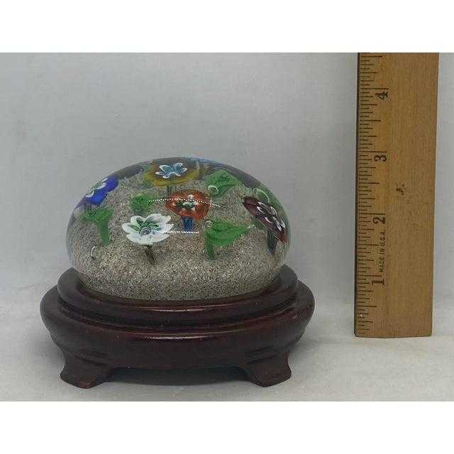 Vintage Ferro & Lazzarini Murano Italy Flower Garden Glass Paperweight With Round Wood Stand For Sale - Image 11 of 12