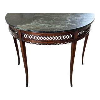 Massive Antique Demilune Mahogany Console Table With Green Marble Top – Louis XVI Neoclassical / George III Style Entryway Fretwork Accent Table For Sale