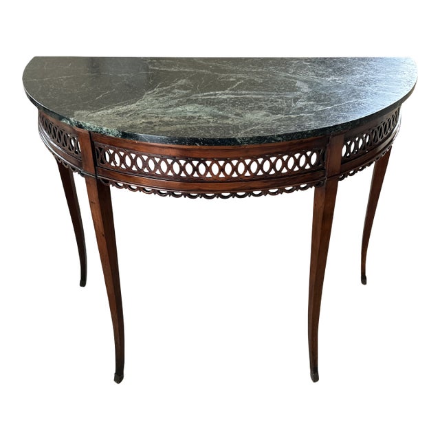 Massive Antique Demilune Mahogany Console Table With Green Marble Top – Louis XVI Neoclassical / George III Style Entryway Fretwork Accent Table For Sale