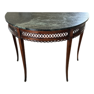 Massive Antique Demilune Mahogany Console Table With Green Marble Top – Louis XVI Neoclassical / George III Style Entryway Fretwork Accent Table