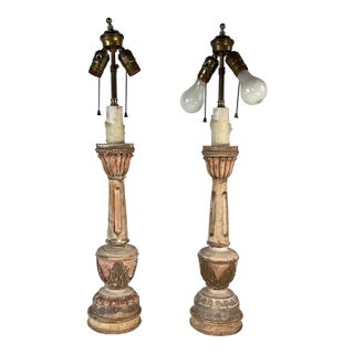 Pair of Vintage Hand-Carved Wood Table Lamps For Sale