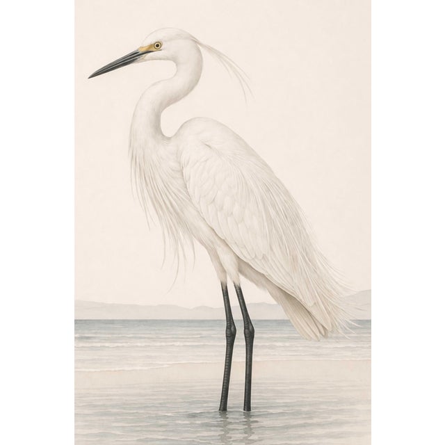 Graceful coastal artwork featuring a white egret standing in shallow water, rendered with soft, flowing feather detail and...