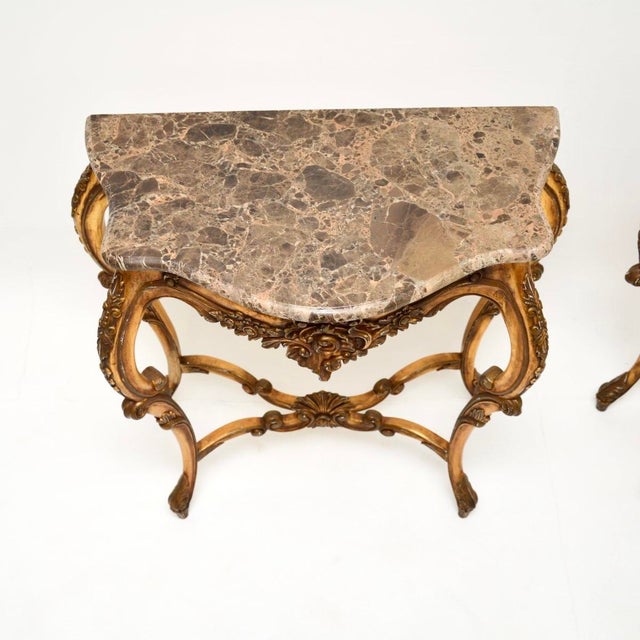 1950s Vintage French Console Tables in Gilt Wood with Marble Tops, 1950, Set of 2 For Sale - Image 5 of 13
