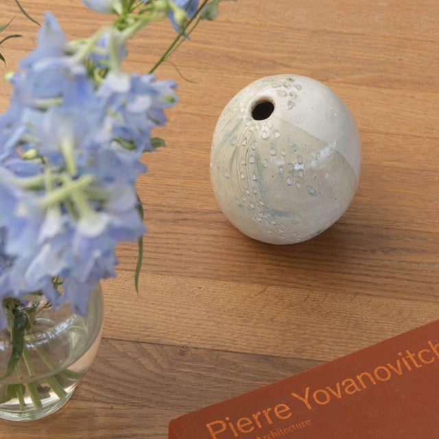 Vintage stoneware ceramic globe vase from France, 1960s. Glazed ceramic in neutral tones with light brown speckled...