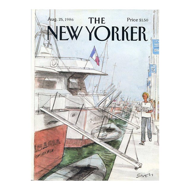 1986 Original New Yorker Magazine Cover by Charles Saxon, August 25, Pizza Delivery For Sale