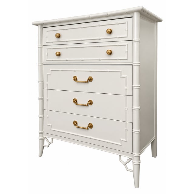 Elegant vintage Thomasville highboy dresser featuring classic Chinoiserie-inspired styling, faux bamboo molding,...