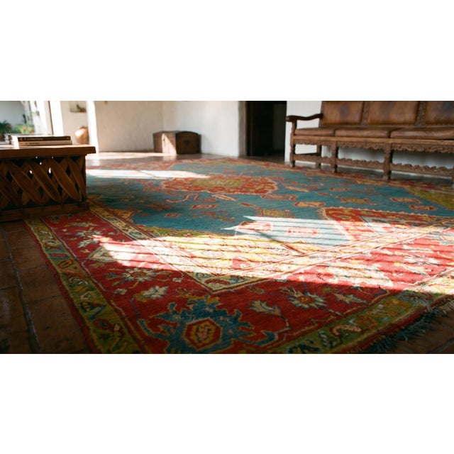 Excellent Teal-Turquoise Color With Unique Medallion Design Antique Turkish Oushak Rug For Sale - Image 14 of 15