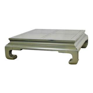 Monumental Square Asian Ming Style Lacquered Coffee Table in Sage Green For Sale