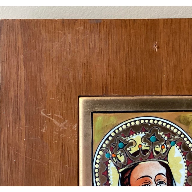 Religious Vintage Orthodox Icon Infant of Prague Hand Painted Tiles on Wooden Wall Plaque For Sale - Image 3 of 12