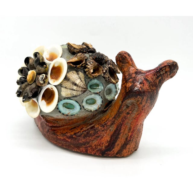 Nautical Vintage Folk Art Cement Snail Figurine With Seashell Floral Shell – Coastal Paperweight Decor For Sale - Image 3 of 11