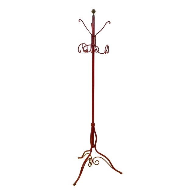 Red Metal Freestanding Coat Rack with Curved Hooks For Sale