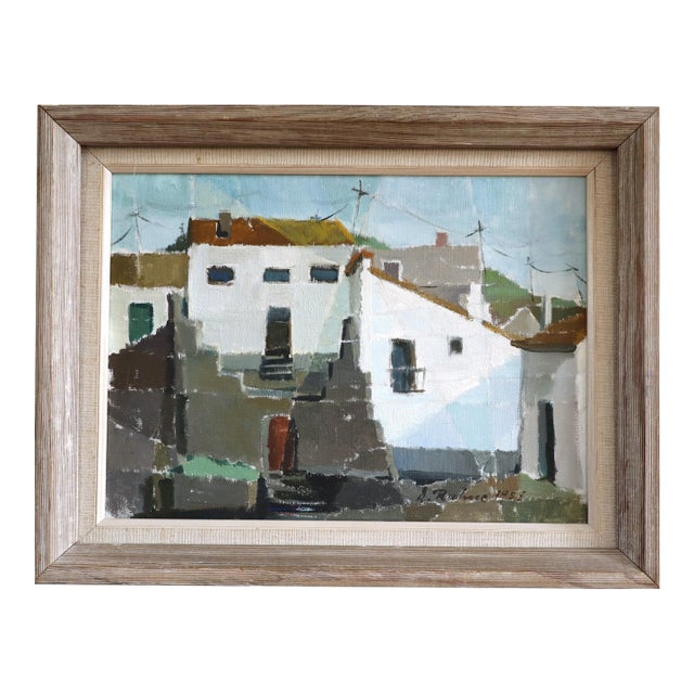 1958 Mid-Century Modern 'Sunlit Facades' Vintage Original Street Scene Oil Painting, Framed For Sale