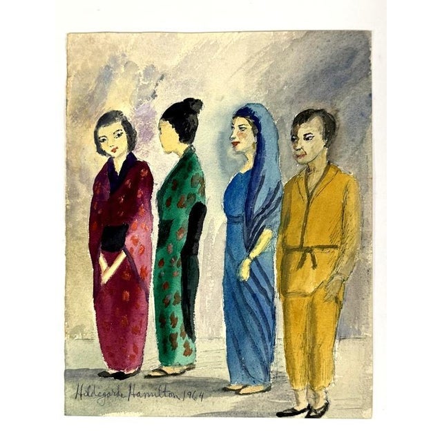 1960s Hildegarde Hamilton (1898-1970) Gouache and Ink Painting on Board For Sale