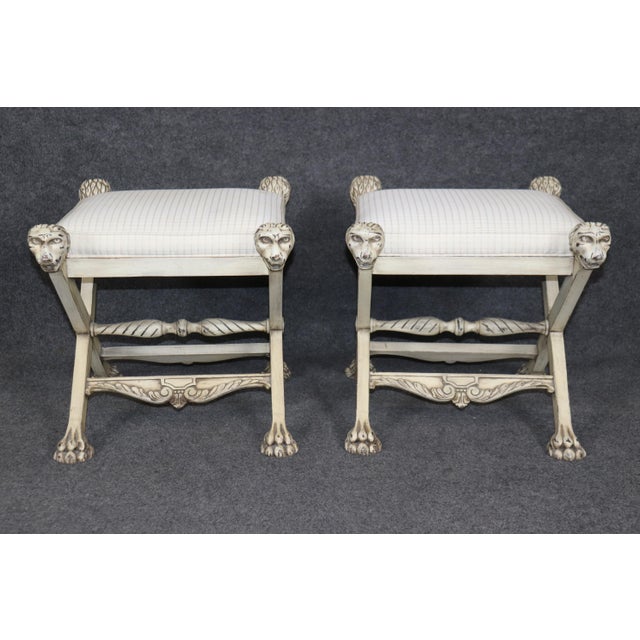 Traditional Pair of Creme Painted French Regency Style Lion Head Carved X Form Stools For Sale - Image 3 of 11