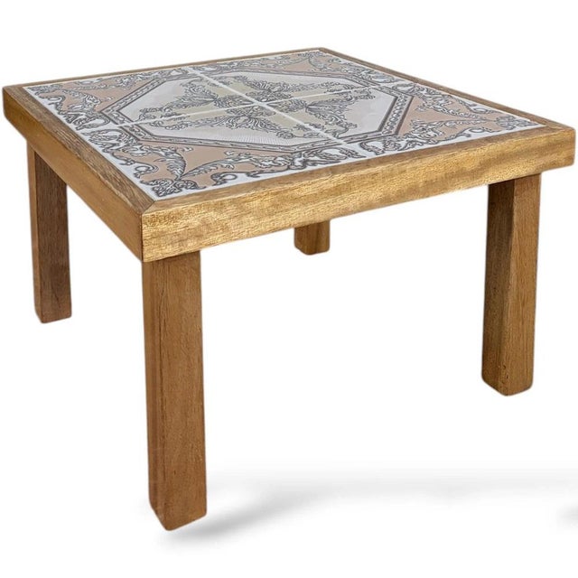 Mid-Century French Tiger Oak Side Table with Tiles, 1970s For Sale - Image 6 of 9
