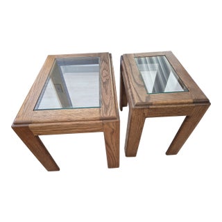 Vintage Drexel Style Heritage Accolade Collection Glass-Top End Tables With Oak Wood Frames. For Sale