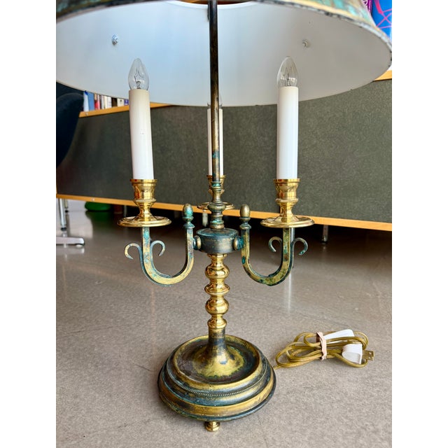 Metal Vintage Brass Verdigris Three-Light Bouillotte Table Lamp Neoclassical Hollywood Regency Style For Sale - Image 7 of 16