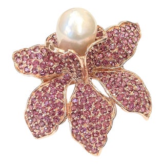 Bochic "Orient" Vintage Rodorite & Pearl Cocktail Ring Set In 18K Gold & Silver For Sale