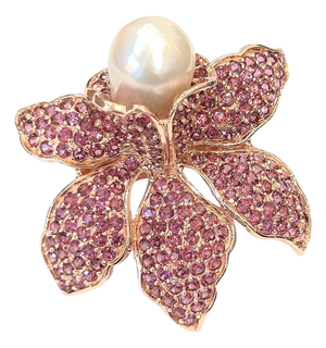 Bochic "Orient" Vintage Rodorite & Pearl Cocktail Ring Set In 18K Gold & Silver