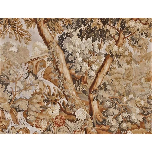 A verdure style landscape scenery, with flowers and foliage in the forefront. A river flowing along the foothills, in the...