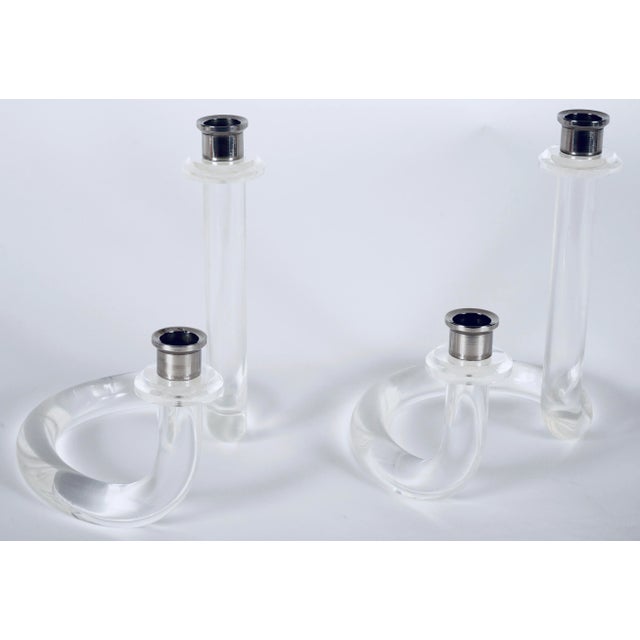 Dorothy Thorpe Lucite and Steel Pretzel Candle Holders in the Style of Dorothy Thorpe -Set of 2 For Sale - Image 4 of 11