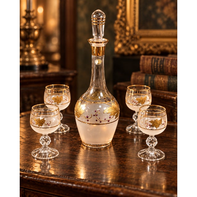 Vintage Bohemian-Style Frosted Glass Decanter & 4 Cordial Glasses — Gilt Grape Leaves & Purple Berries 5 pcs For Sale In Atlanta - Image 6 of 6