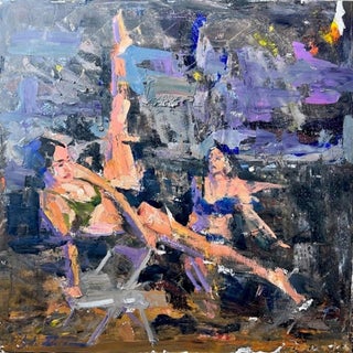 Slow at Dark by Clyde Steadman | Oil on cradled panel Two figures relaxing in a dark setting For Sale