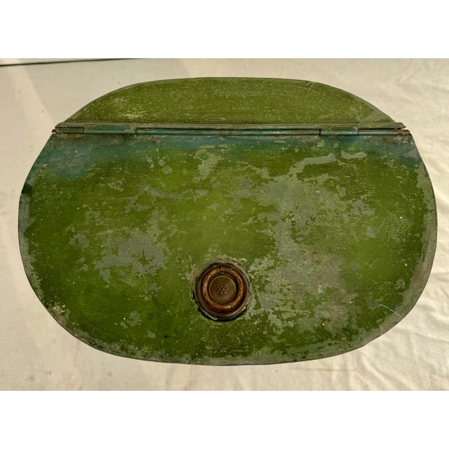 Rustic European Vintage Green Toleware Metal Waste Bin With Hinged Lid and Pisa Map Design For Sale - Image 3 of 16