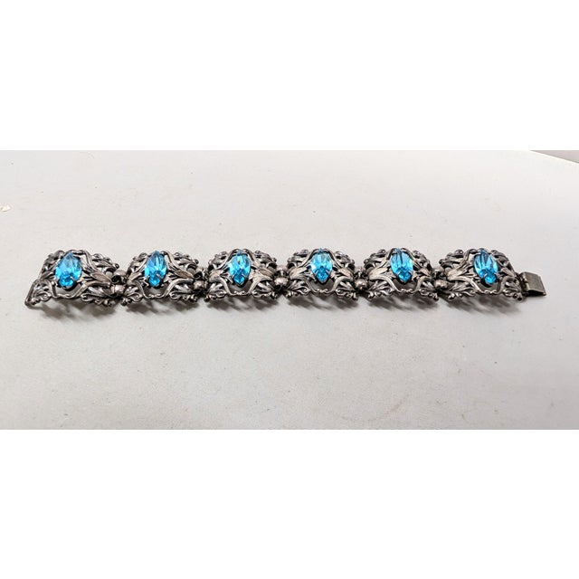 Mid-Century Modern Vintage Signed Napier Book Piece Silvertone & Faux-Aquamarine Link Bracelet For Sale - Image 3 of 9