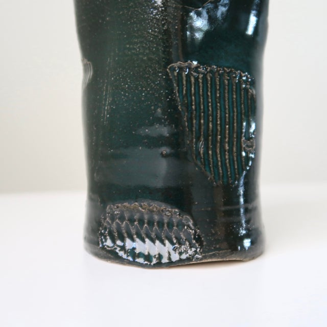 Handbuilt Organic Sculptural Pinched Square Rim Ceramic Vase in Dark Teal Glaze With Ribbed Relief Pattern For Sale - Image 16 of 18