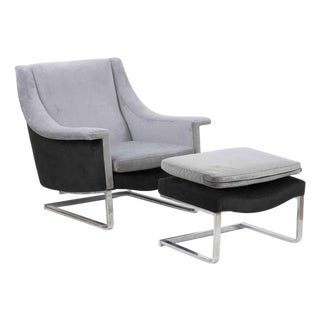 Set of Italian Armchair and Ottoman in Chromed Steel and Velvet, 1970s For Sale