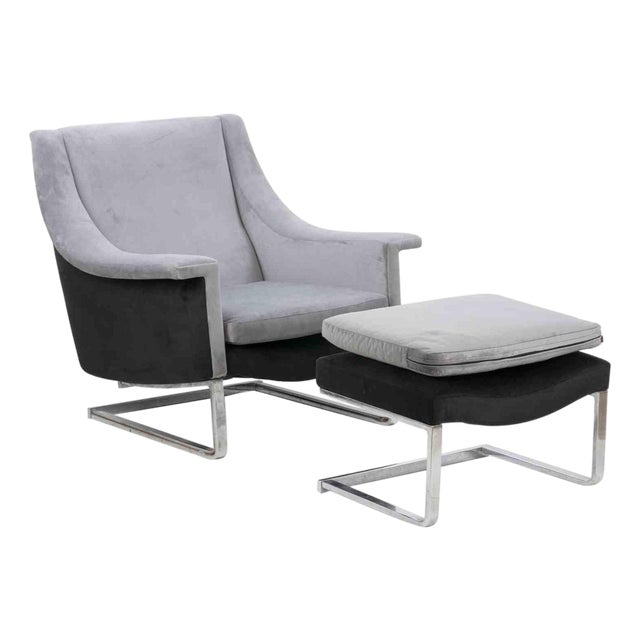 Set of Italian Armchair and Ottoman in Chromed Steel and Velvet, 1970s For Sale