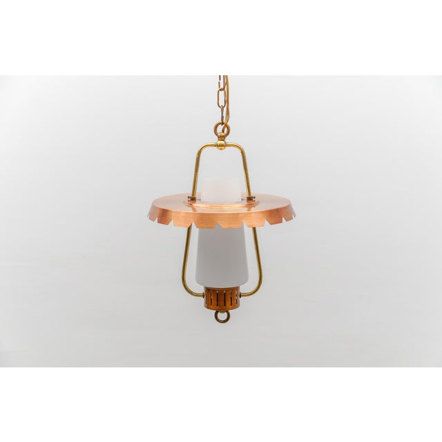 1950s Mid-Century Modern Ceiling Lamp in Copper, Brass, and Opaline Glass, 1950s For Sale - Image 5 of 13