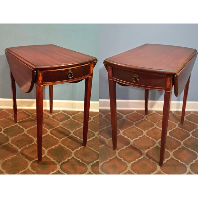 Mid 20th Century Pair of Hickory Chair Style Drop Leaf Side Tables With Fan Inlay and Brass Pulls For Sale - Image 10 of 12