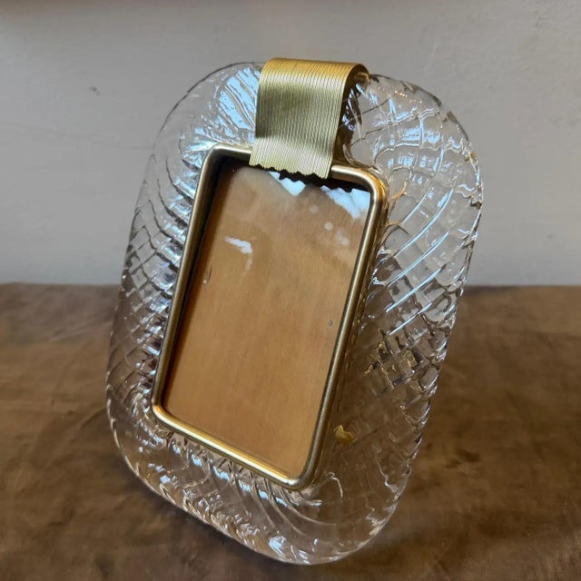 1990s Barovier Style Art Deco Clear Murano Glass and Brass Picture Frame For Sale - Image 6 of 12