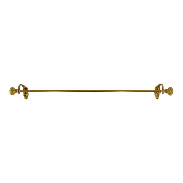 Vintage Brass Towel Bar or Curtain Rod With Ornate Cast Finials & Greek Key Mounting Brackets For Sale
