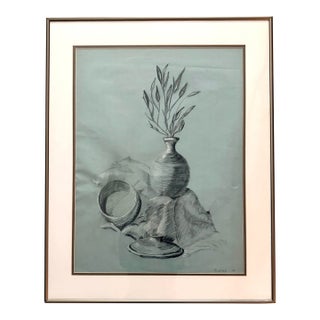 1979 Original Signed Modernist Charcoal Still Life on Blue Paper by Siegel For Sale