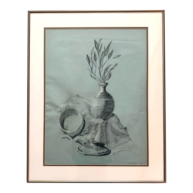 1979 Original Signed Modernist Charcoal Still Life on Blue Paper by Siegel For Sale