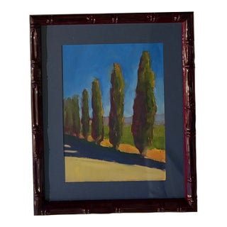 1970s European Cypress Tree Oil Painting in Custom Lacquer Bamboo-Style Italian Frame For Sale