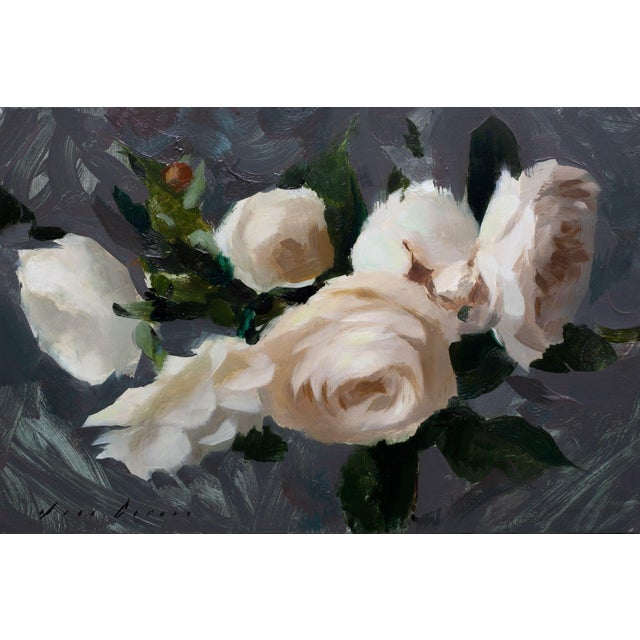 "Roses II" is an oil on panel painting by Jon Doran, completed in 2026. A spray of white roses lies across this small...