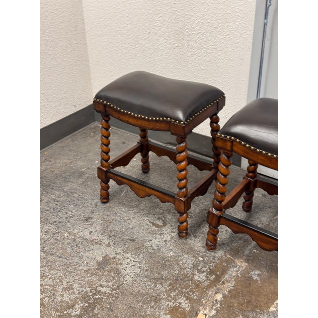 Ambella Home Collection Barley Twist Leather Stools, Pair For Sale - Image 12 of 12