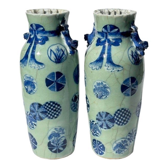 19th Century Qing Dynasty Chinese Porcelain Celadon Blue Medallions Ruffle Vases-a Pair For Sale