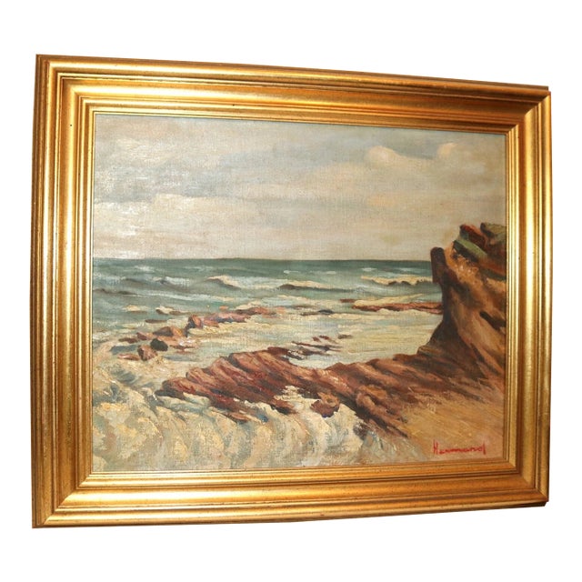 Antique 1800's Original Harmand Seascape Coast Nautical Oil Painting Canvas Art For Sale