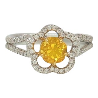 Yellow Sapphire and White Diamond Floral Ring in 18K 2 Tone Gold, size 6 For Sale