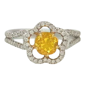 Yellow Sapphire and White Diamond Floral Ring in 18K 2 Tone Gold, size 6