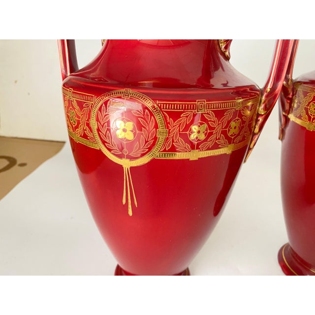 Gold Red Cobalt Urns Vase with Ceramic Handles and Gilted Decorations, Set of 2 For Sale - Image 8 of 14