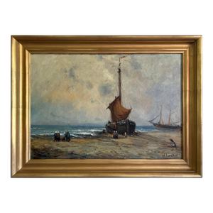Late 19th Century Antique Belgium Oil Painting of Beach Landscape With Fishing Boat by Charles Lambert